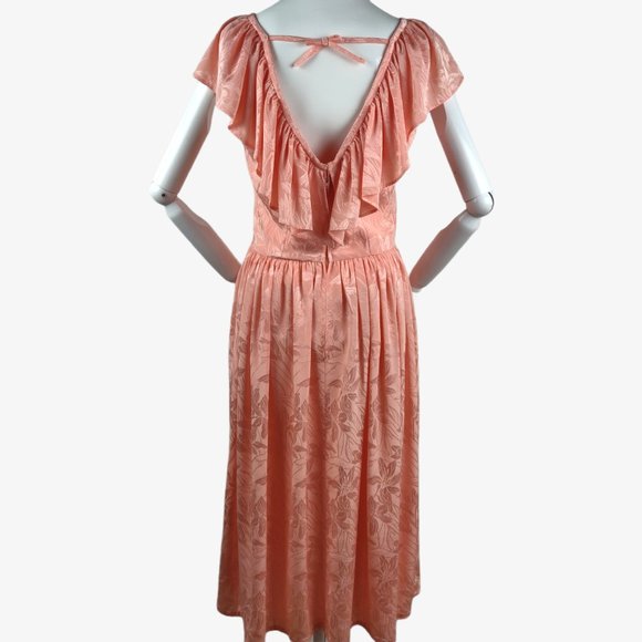 Vintage 1980s Shell Pink Tea Dress Floral Damask Ruffle Neckline Open Tie Back M - Picture 10 of 16
